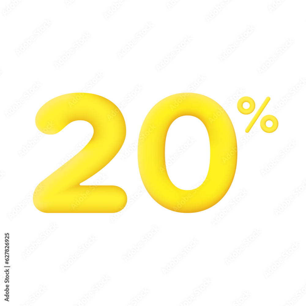 Yellow 20 percent discount vector illustration 3d mega loyalty. 10 percent bonus marketing discount. Isolated on white background. Yellow 20 percent discount vector illustration 3d mega loyalty. 10 percent bonus marketing discount. Isolated on white background.
