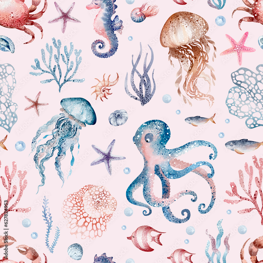 Marine seamless pattern marine animals, corals, plants, seashell, starfish, octopus, seahorse, algae, turtle. Watercolor marine background. Marine seamless pattern marine animals, corals, plants, seashell, starfish, octopus, seahorse, algae, turtle. Watercolor marine background.