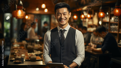Portrait of asian young male cafe or restaurant owner with tablet