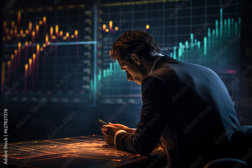 Depict a male trader drawing trendlines on the price chart, strategizing his next move with a determined look Generative AI