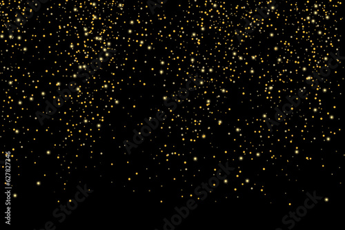 Gold glitter confetti on a black background. Shiny particles scattered, sand. Decorative element. Luxury background for your design, cards, invitations, vector