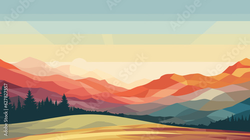 AI generated. Vector illustration. View of an alpine landscape. Simple vector illustration, with meadows and alpine mountains in the background © Dirk