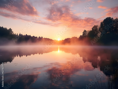 Stunning Sunrise Over a Serene, Misty Lake - Perfect for Inspirational or Relaxation Themes