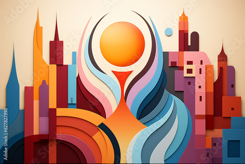 Colorful Rainbow Cityscape abstract modern Painting  LGBTQ  themed with geomantic shapes