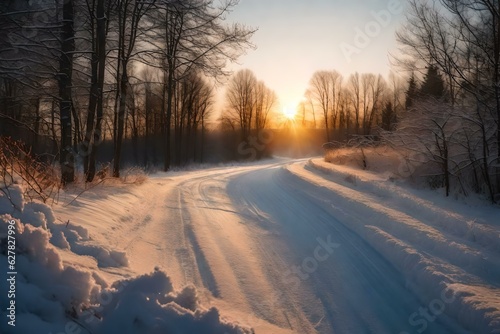 Sunset in the snow covered forest.