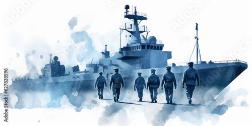 Photographie lue Aquarelle Silhouettes of Marines on a Warship, Created with the Style of Dig