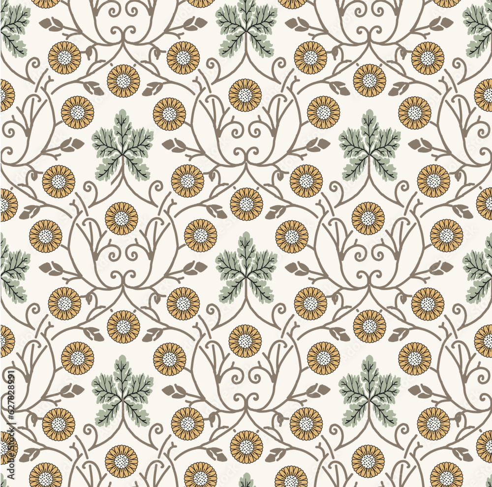 Seamless pattern Chamomile wildflowers. Beautiful fabric blooming realistic isolated flowers Vintage background Wallpaper baroque. Drawing engraving Vector victorian illustration