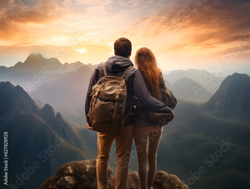 Wanderlust Adventure - Backpacking Couple Embracing on a Cliff with Breathtaking Mountain Landscape in the Background