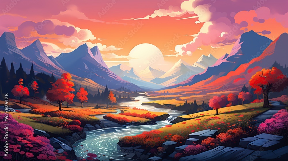 illustration, landscape with vibrant colors, ai generative