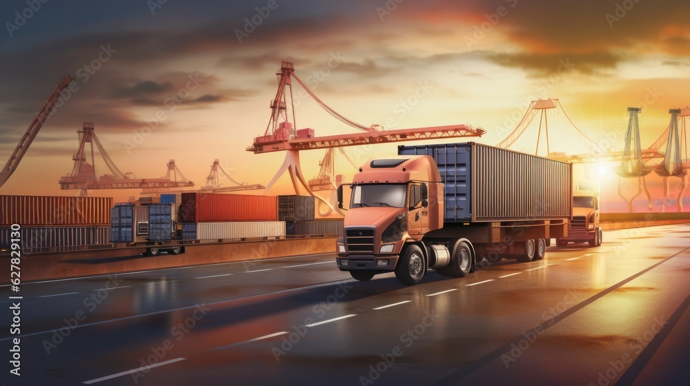 Truck driving past containers and cargo in the sunset