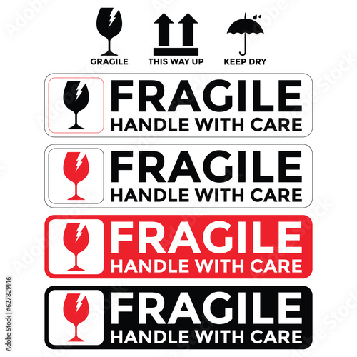 sticker fragile handle with care, red fragile warning label, fragile label with broken glass symbol, vector