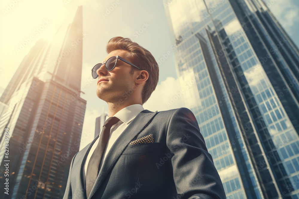 Business man in a suit in fron of skysrapers financial district on a sunny day Business man in a suit in fron of skysrapers financial district on a sunny day