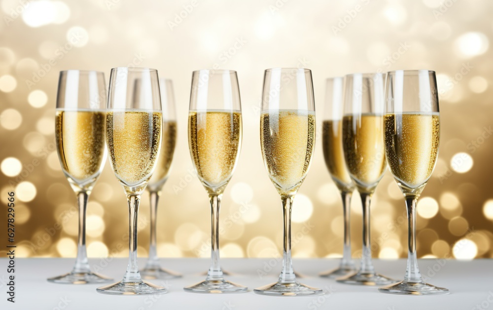 Glasses of champagne on table on the gold festive bokeh background. Many glass of white sparkling wine. Buffet. Celebration of birthday, baptism, wedding or corporate party. Glasses of champagne on table on the gold festive bokeh background. Many glass of white sparkling wine. Buffet. Celebration of birthday, baptism, wedding or corporate party.