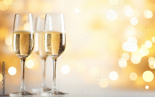 Glasses of champagne on table on the gold festive bokeh background. Many glass of white sparkling  wine. Buffet. Celebration of birthday, baptism, wedding or corporate party. Copy space