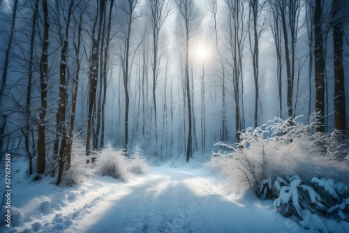 Sunlight and fog in the winter forest