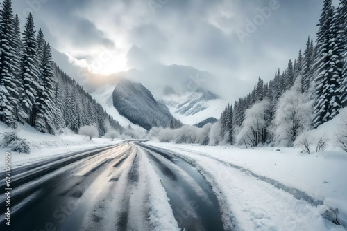 Sunrise behind the mountain and snow covered road.