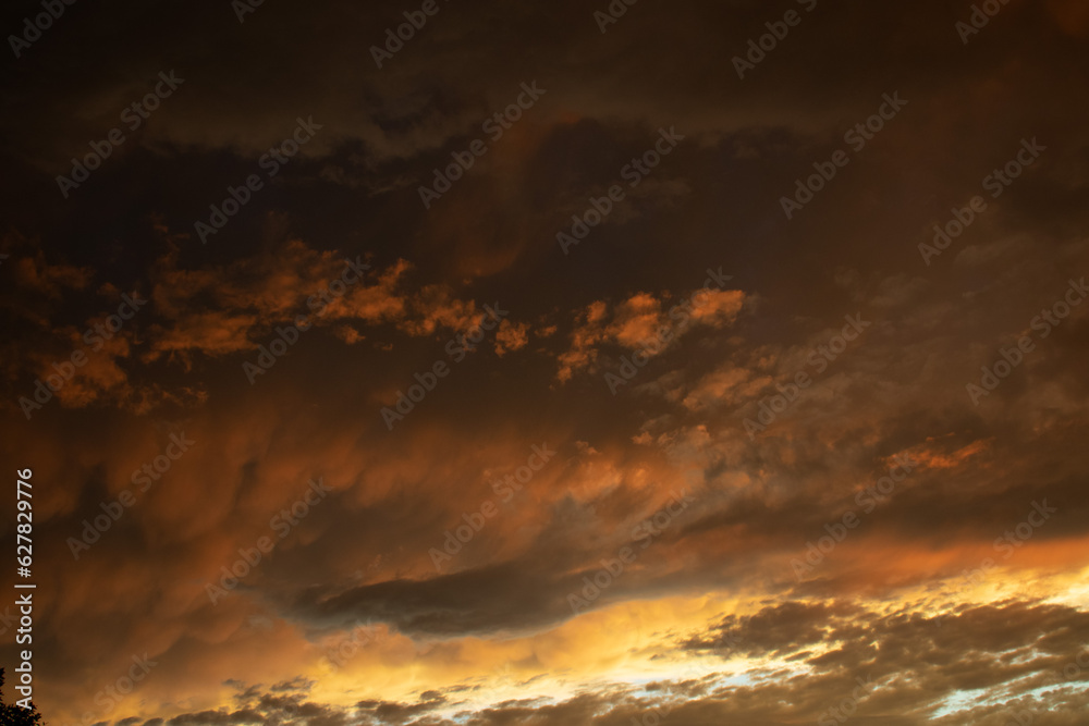 Cloudscape, Colored Clouds at Sunset near the Ocean. Colorful Sunset Sky