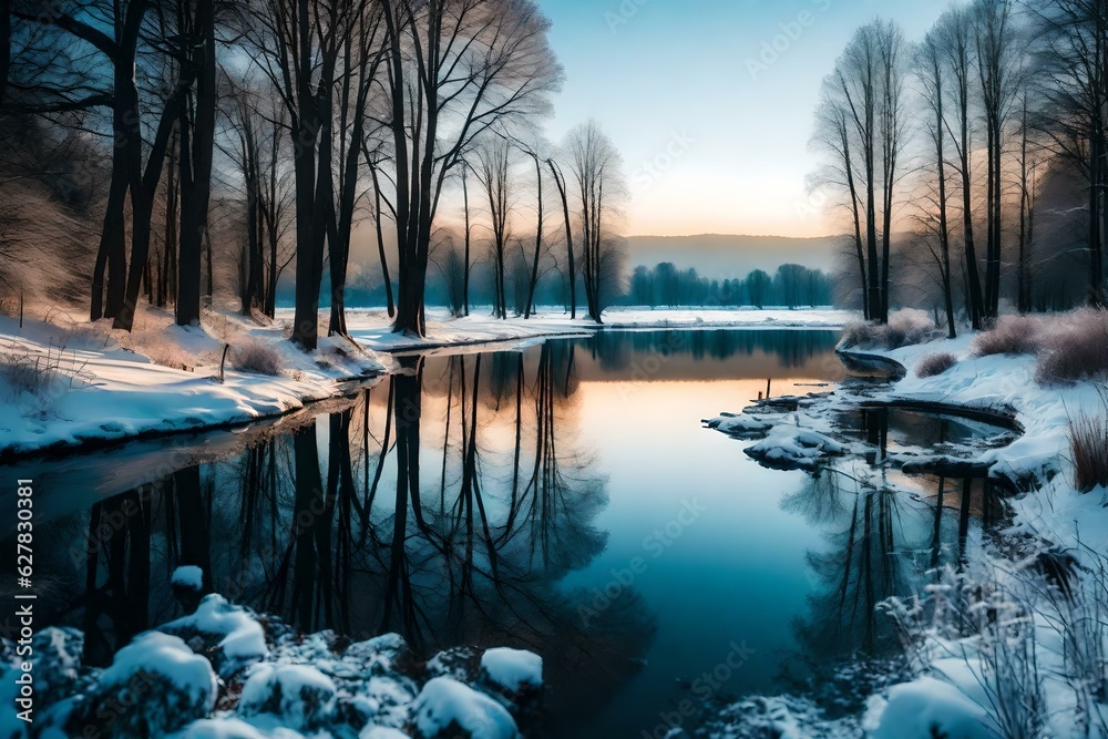 Winter forest landscape with frozen lake.