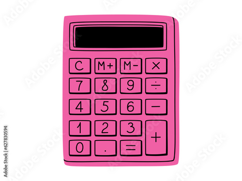 Hand drawn cute illustration of school calculator. Flat vector college computing device in colored doodle style. Education or study sticker, icon. Back to school. Isolated on white background.