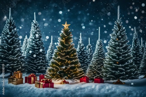 Christmas trees with gifts and decoration pieces