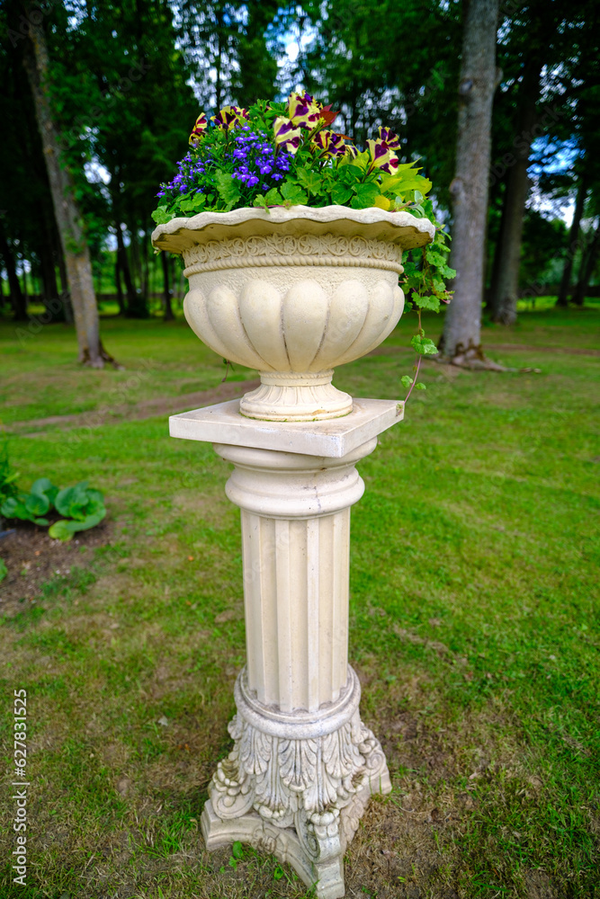 A very old flower pot, a decorative element of the manor park. Pakruojis manor, Lithuania