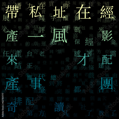 Abstract background. Random characters of Chinese traditional alphabet. Gradiented matrix pattern. Yellow blue color theme backgrounds. Tileable horizontally. Radiant vector illustration.