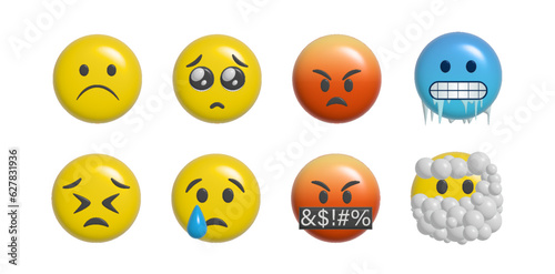 Yellow emoji. Funny emoticons faces with facial expressions. 3D stylized vector icons set