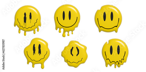 3d Melting smile vintage illustration. Retro psychedelic melt smile face logo. Dripping smile. Good mood. Positive emoji sticker. Vector groovy emoji face. Face symbol. 