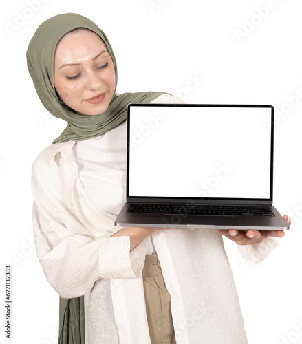 Photography Laptop mock up, young muslim woman in hijab holding laptop mock up