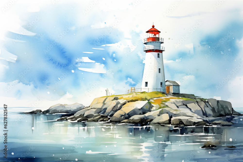 lighthouse on a rock at the ocean in watercolor painting desgin