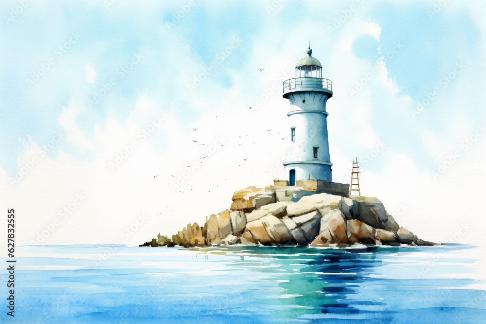lighthouse on a rock at the ocean in watercolor painting desgin Stock ...