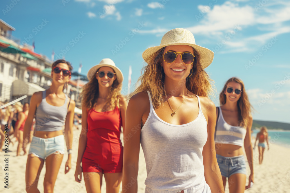 Group of a young smiling girlfriends in fashionable summer clothes walking down the beach Group of a young smiling girlfriends in fashionable summer clothes walking down the beach