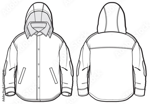 Boy Hoodie Shirt design flat sketch fashion illustration vector template with front and back view, Toddler baby western Hooded shirt cad drawing mock up