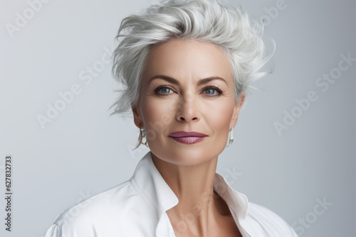 Beautiful mid aged mature woman portrait isolated on white. Mature old lady close up. Healthy face skin care beauty, middle age skincare cosmetics, cosmetology concept.