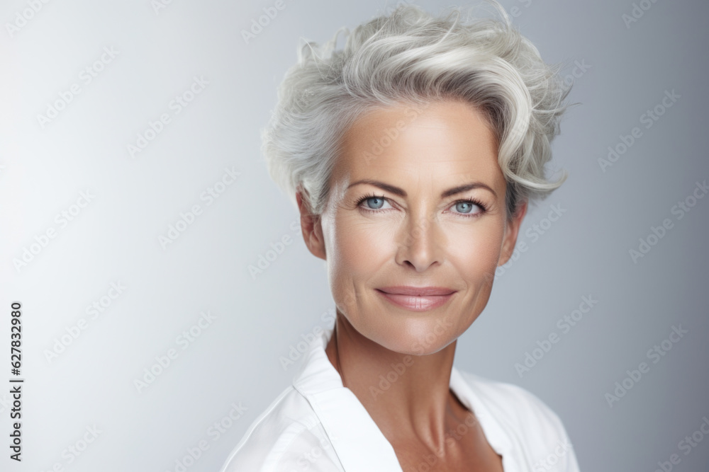 Beautiful mid aged mature woman portrait isolated on white. Mature old lady close up. Healthy face skin care beauty, middle age skincare cosmetics, cosmetology concept. Beautiful mid aged mature woman portrait isolated on white. Mature old lady close up. Healthy face skin care beauty, middle age skincare cosmetics, cosmetology concept.