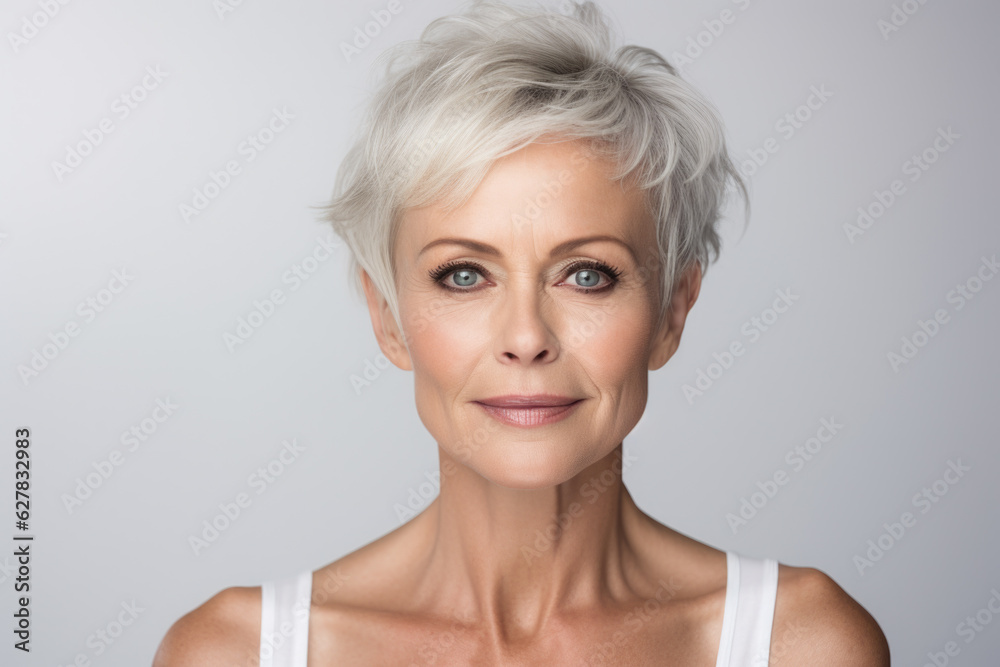Beautiful mid aged mature woman portrait isolated on white. Mature old lady close up. Healthy face skin care beauty, middle age skincare cosmetics, cosmetology concept. Beautiful mid aged mature woman portrait isolated on white. Mature old lady close up. Healthy face skin care beauty, middle age skincare cosmetics, cosmetology concept.