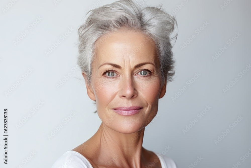 Beautiful mid aged mature woman portrait isolated on white. Mature old lady close up. Healthy face skin care beauty, middle age skincare cosmetics, cosmetology concept.