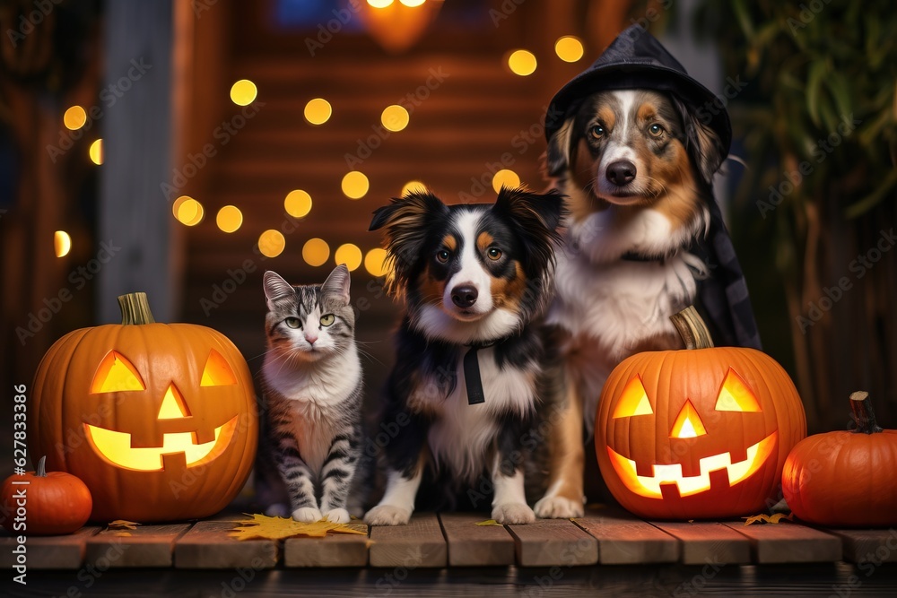 Cats and dogs wearing Halloween costumes sitting on decorated porch.
