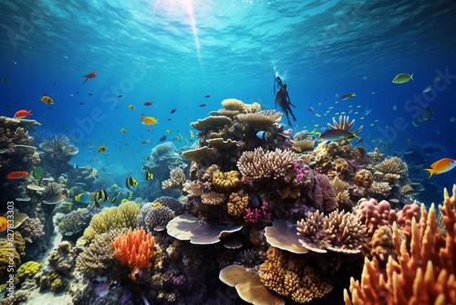 Photograph of people snorkeling on vibrant  healthy coral reefs  Generative AI