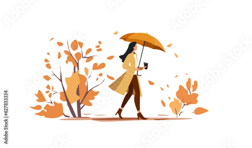 Stylish young woman walking in autumn park with coffee and umbrella. The concept of leisure, fashionable clothes, for advertising and banner design. Modern flat illustration.