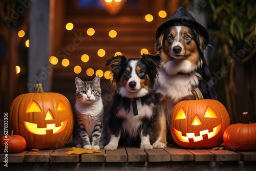 Obraz na płótnie Cats and dogs wearing Halloween costumes sitting on decorated porch. w salonie