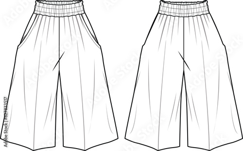 Women's palazzo flare pants flat sketch fashion illustration front and back view, Wide leg sailor pant design