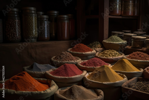 Colorful spices at a traditional market photo