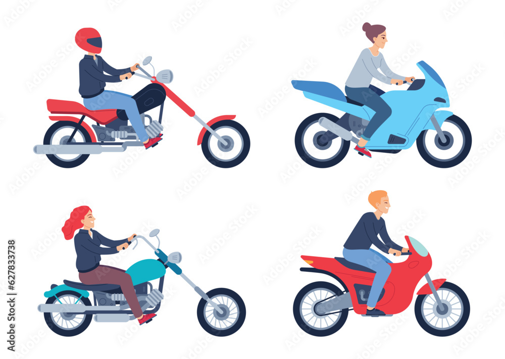 Motorcycle riders. People in helmet on scooter and motorcycle. Female and male characters driving sport and classic vehicles