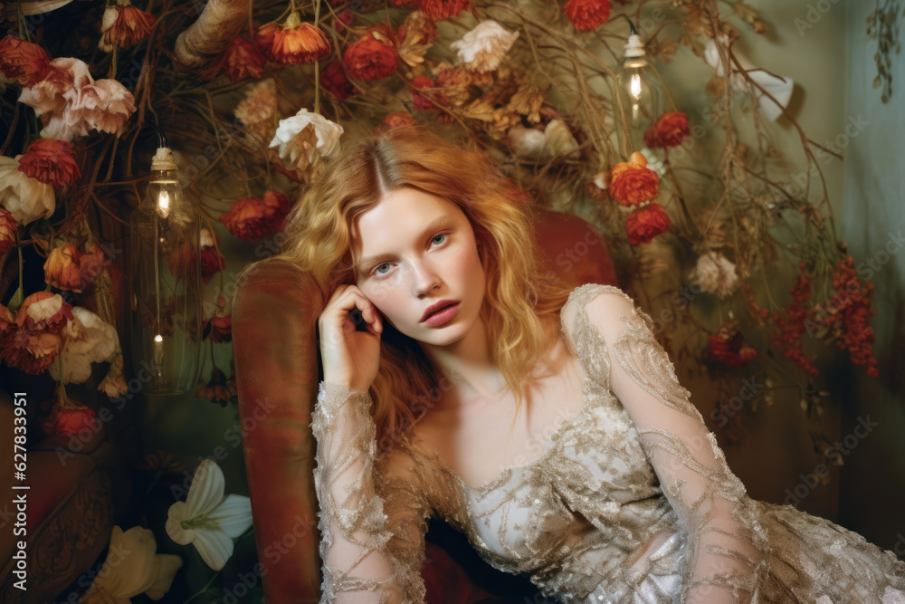 portrait of a woman/model/book character surrounded by flowers in daylight with a thoughtful expression in a fashion/beauty editorial magazine style film photography look - generative ai art
