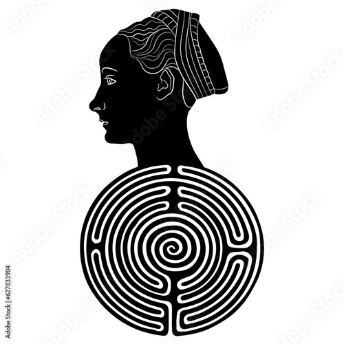 Round spiral maze or labyrinth symbol with a head of beautiful Renaissance woman. Medieval Ariadne. Creative philosophical concept. Black and white silhouette.