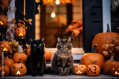 Cats wearing Halloween costumes sitting on decorated porch.