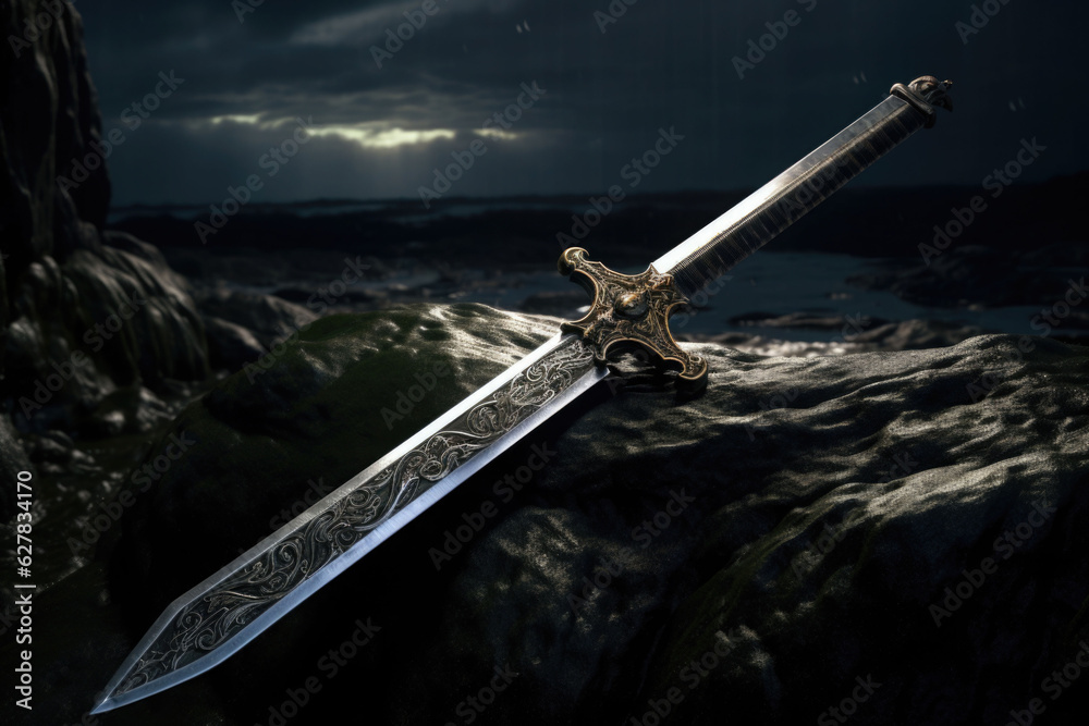 Mysterious magical old sword over gothic forest background. Medieval period concept. Generative AI