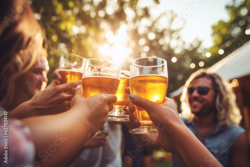 A group of friends toasting with beer at a summer barbeque, close up. Generative AI photo