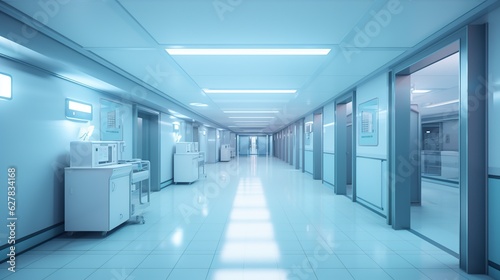 illustration, empty hospital corridor with rooms, ai generative